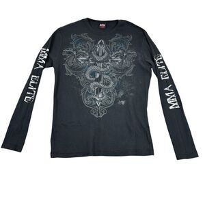 Vintage Y2K MMA Elite Shirt Men's XL Black Long Sleeve Thermal Grunge Gothic